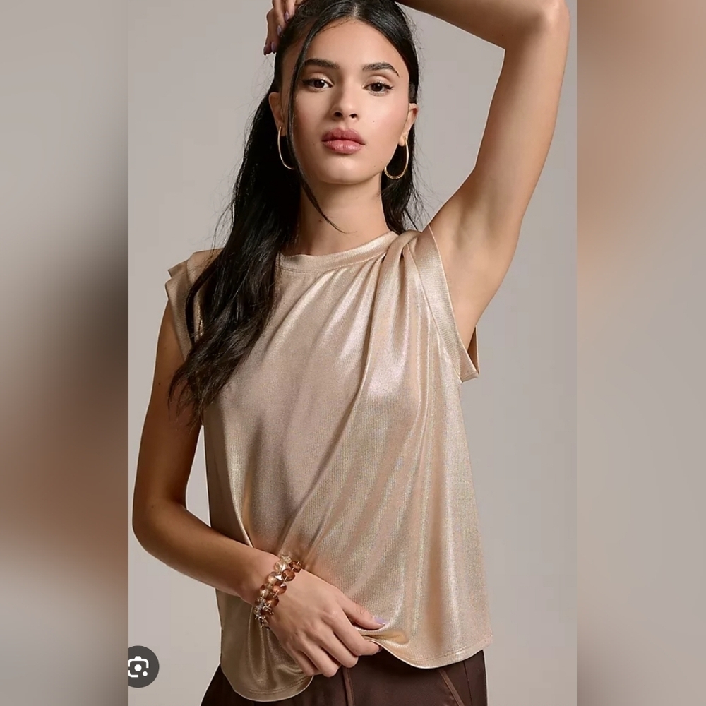 Anthropologie Women's Metallic Gold Short Sleeve Blouse Top Size XS